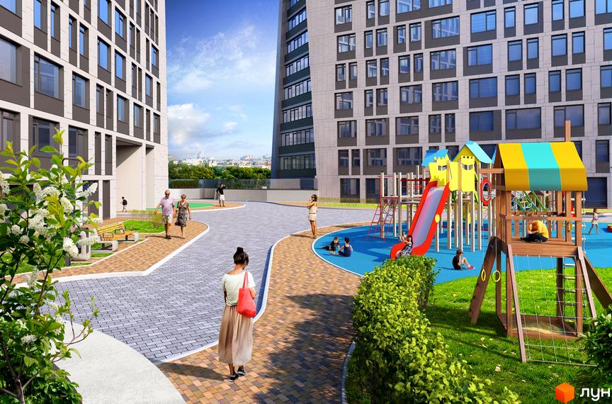 Багатоповерхові будинки Житлового комплексу Manhattan city з великими вікнами. На прибудинковій території облаштовано дитячий майданчик та зони для відпочинку.