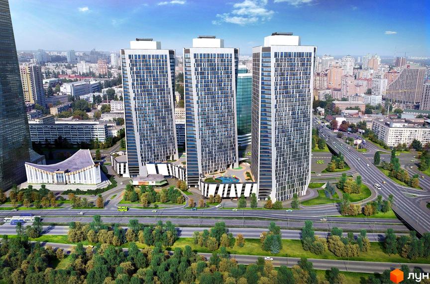 Житловий комплекс Manhattan city - три висотних будинки з біло-синіми фасадами та прибудинкова територія з дитячим майданчиком.