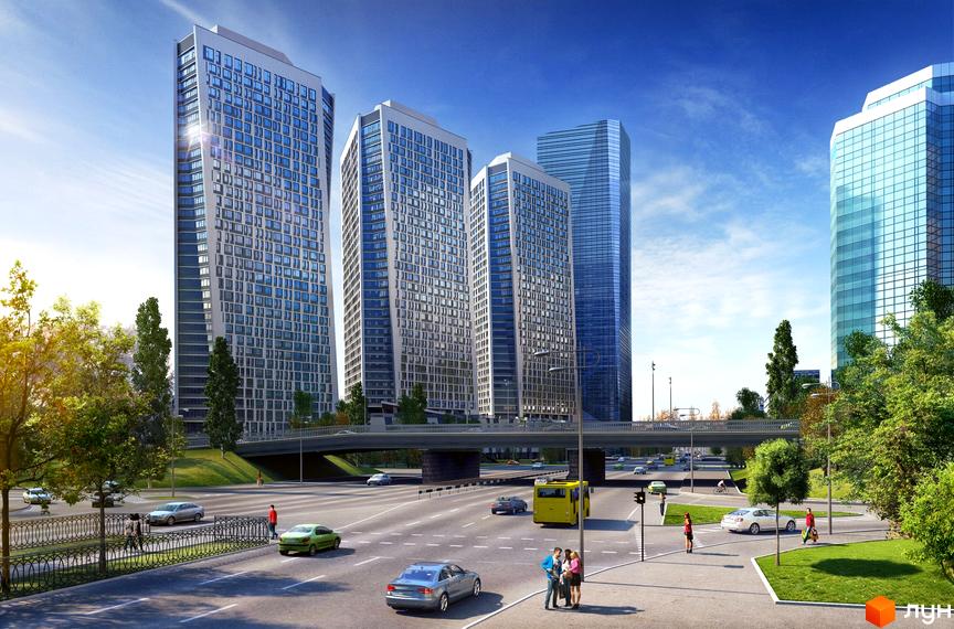 Житловий комплекс Manhattan city: високі будівлі зі скляними фасадами та вигнутими формами, розташовані біля жвавої дороги з мостом та зеленими насадженнями.