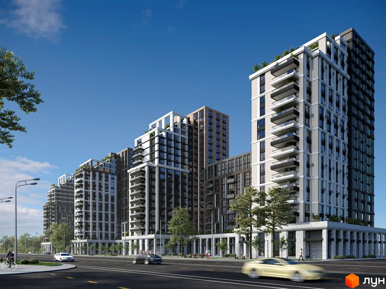 Житловий комплекс Kaskad Residence: багатоповерхові будинки зі світлими та темними фасадами, балконами та зеленими дахами. Вздовж дороги дерева.