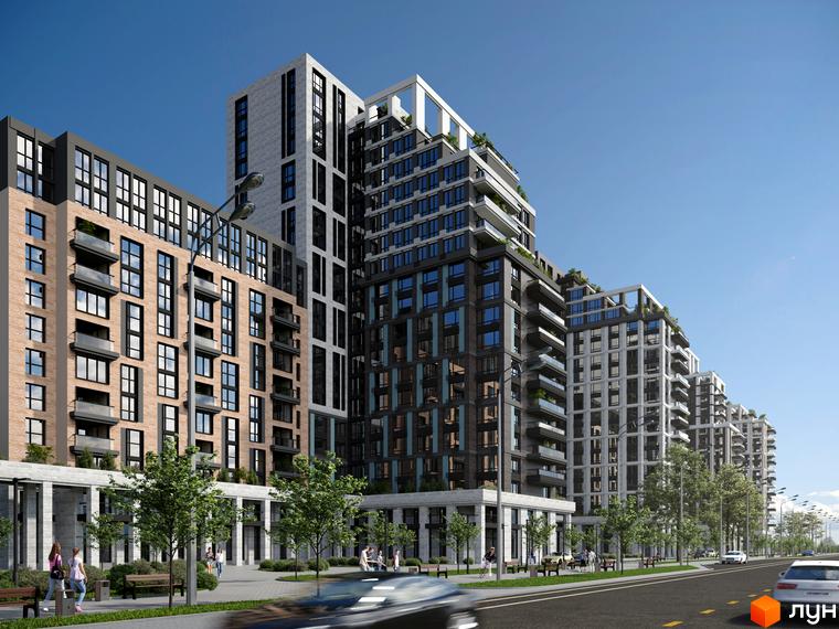 Багатоповерхові будинки Kaskad Residence з фасадами з цегли та світлого каменю, з балконами та озелененими дахами. Вздовж дороги облаштована пішохідна зона з деревами та лавками.