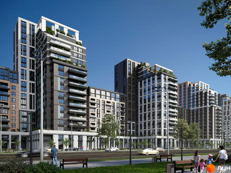 Kaskad Residence: багатоповерхові будинки з балконами та озелененням на дахах, розташовані вздовж дороги з пішохідною зоною та деревами.