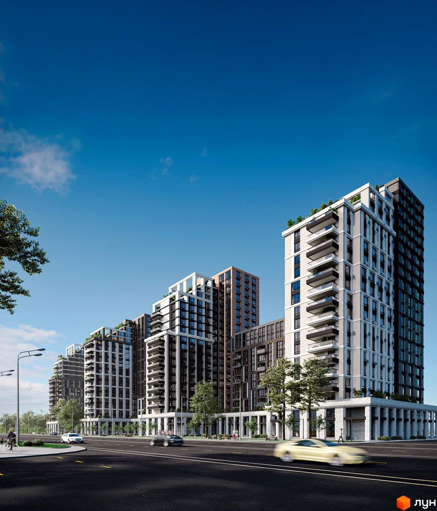 Kaskad Residence: багатоповерхові будинки зі світлими фасадами, темними вікнами та зеленими насадженнями на дахах і балконах. Вулиця з деревами, дорогою та пішохідними зонами.