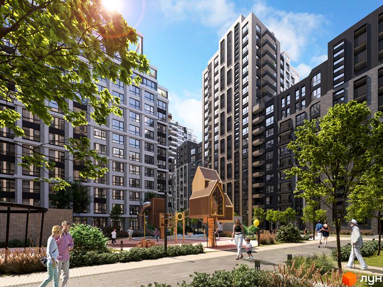 Kaskad Residence: Багатоповерхові житлові будинки з сірими та темними фасадами, великими вікнами та балконами. Прибудинкова територія з дитячим майданчиком, зеленими насадженнями та пішохідними доріжками.