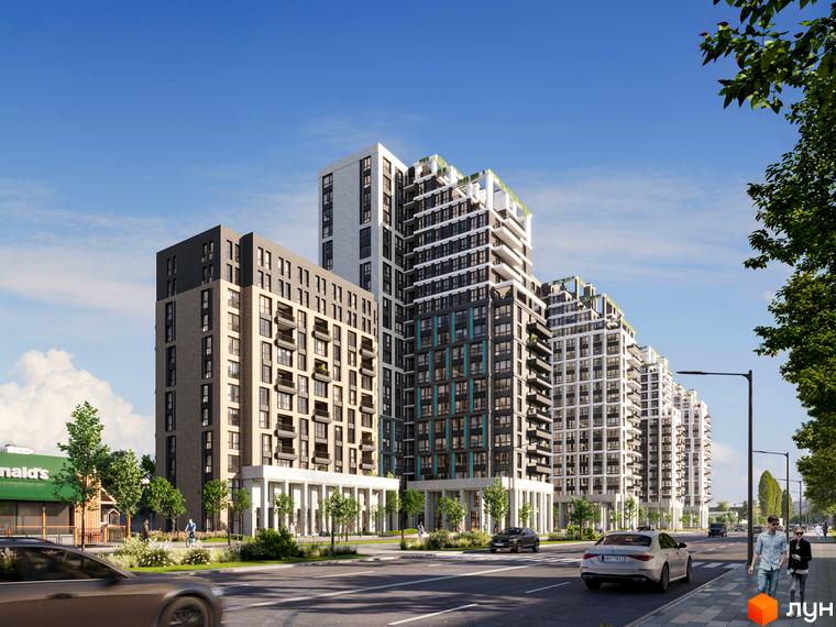 Kaskad Residence: багатоповерхові будинки з балконами, різними фасадами та озелененими терасами. Поруч дорога, тротуари з пішоходами та дерева.