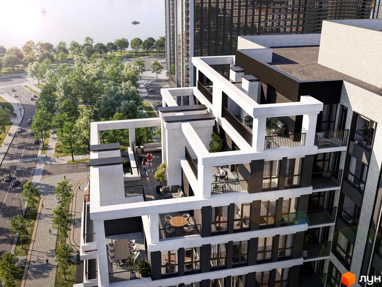 Багатоповерховий житловий комплекс Kaskad Residence з біло-чорним фасадом та просторими терасами. З вікон відкривається вид на зелений парк та водойму.