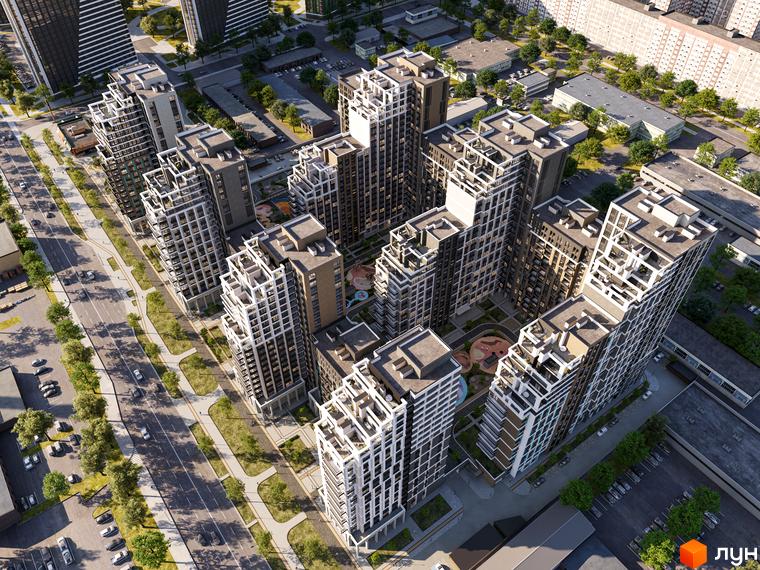 Житловий комплекс Kaskad Residence: багатоповерхові будинки з комбінованими фасадами та балконами. Прибудинкова територія має зелені зони та дитячі майданчики.