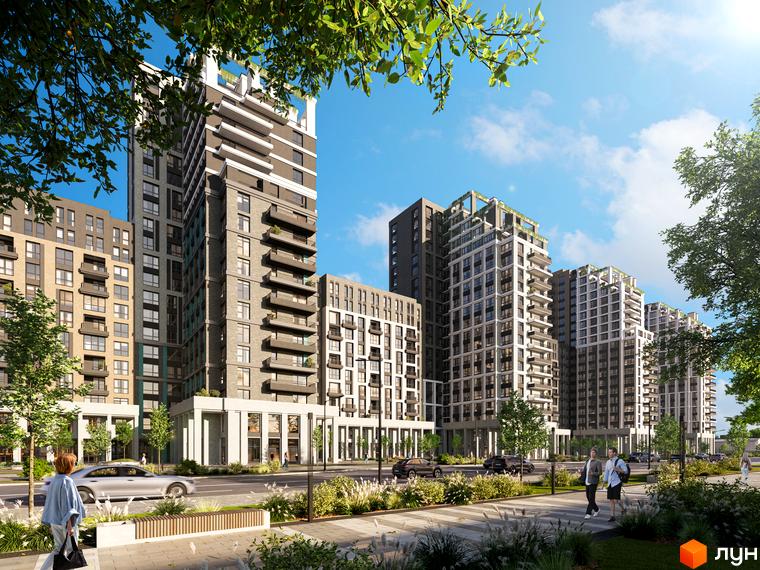 Житловий комплекс Kaskad Residence з багатоповерховими будинками, балконами та зеленими насадженнями на дахах. Прибудинкова територія має пішохідні зони, лавки та озеленення вздовж дороги.