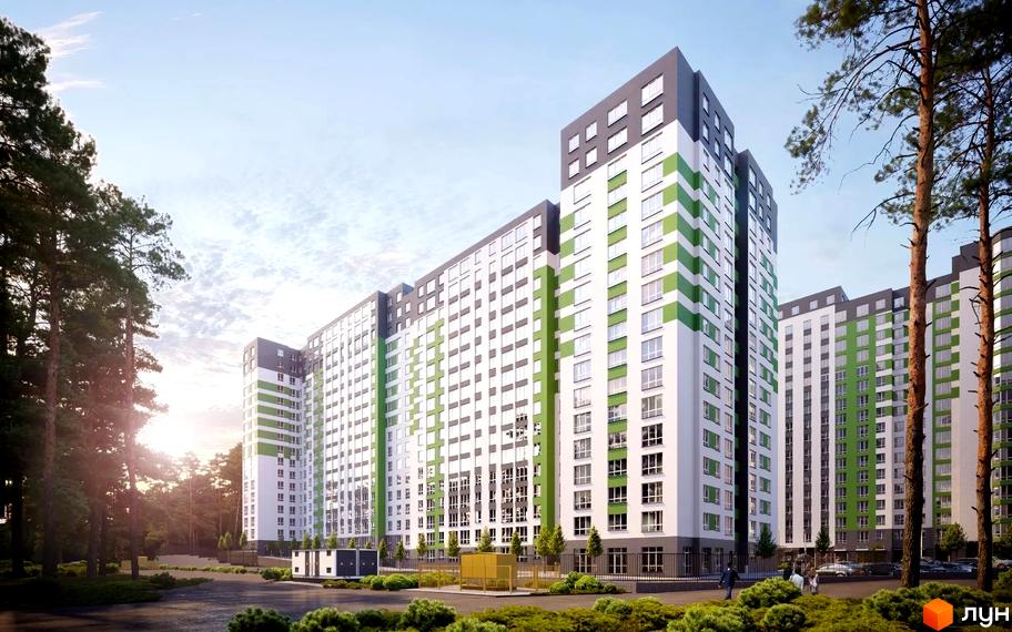 Житловий комплекс City Park: багатоповерхові будинки з біло-зеленими фасадами серед соснового лісу та зелених насаджень.