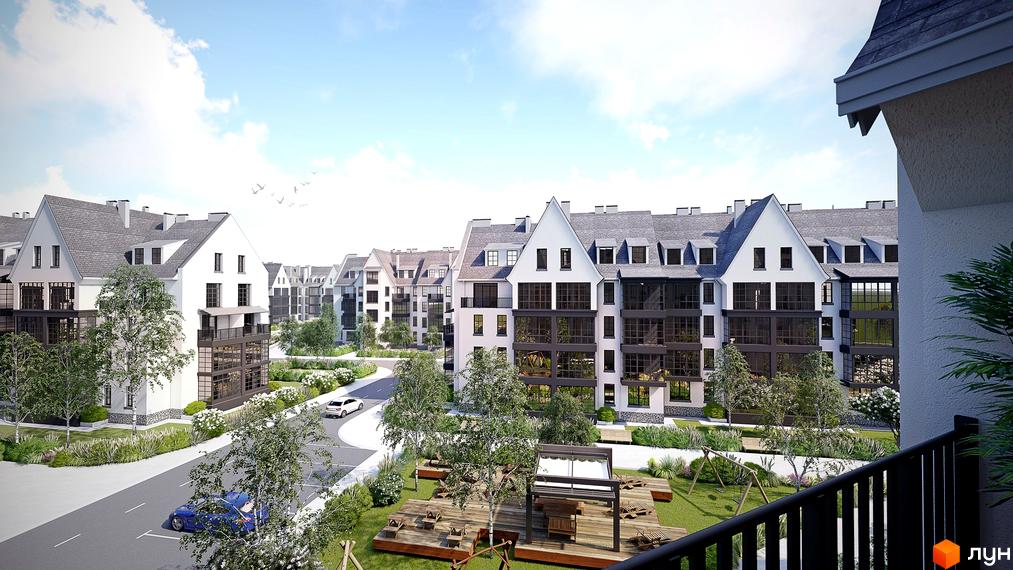 Житловий комплекс Desna Park Residence з білими фасадами та сірими дахами, оточений деревами та зеленими зонами з дитячим майданчиком.