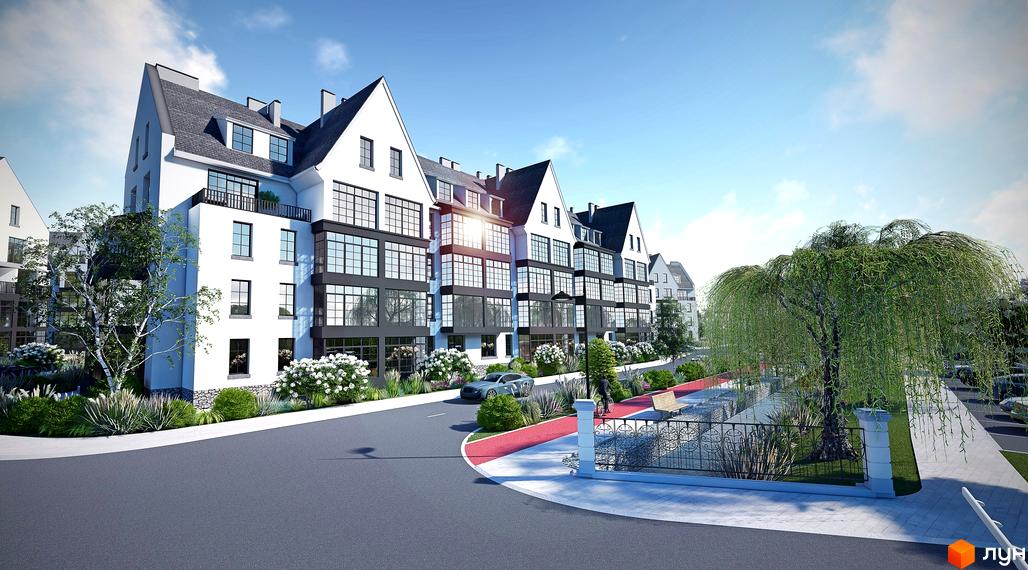 Зовнішній вигляд новобудови ЖК Desna Park Residence з елегантною архітектурою та доглянутою прибудинковою територією з деревами та зонами відпочинку.