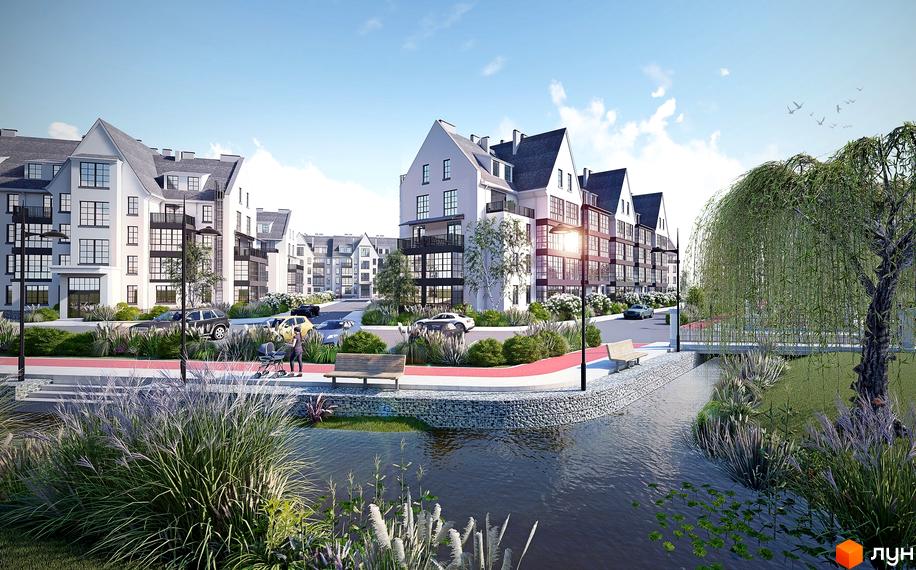 Багатоповерхові будинки Житлового комплексу Desna Park Residence з білими фасадами та темними дахами. Прибудинкова територія має зелені насадження, водойму з містком та пішохідні зони.