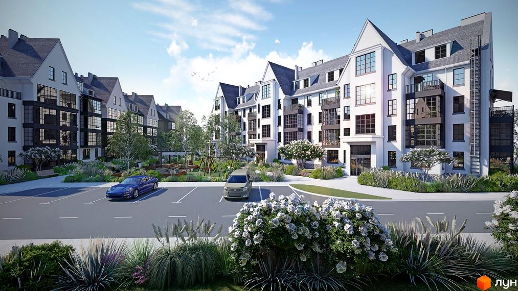 Житловий комплекс Desna Park Residence має білі фасади, темні дахи та великі вікна. Територія озеленена, з дитячим майданчиком та парковкою.