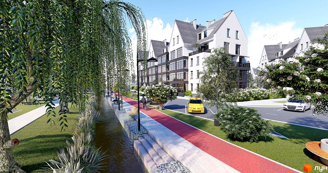 Житловий комплекс Desna Park Residence складається з білих будинків з темними дахами та балконами. Територія облаштована червоними доріжками, зеленими насадженнями та каналом.