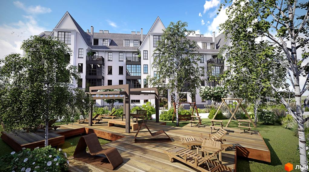 Житловий комплекс Desna Park Residence з білими фасадами та балконами, оточений зеленою зоною з дитячим майданчиком та місцями для відпочинку.