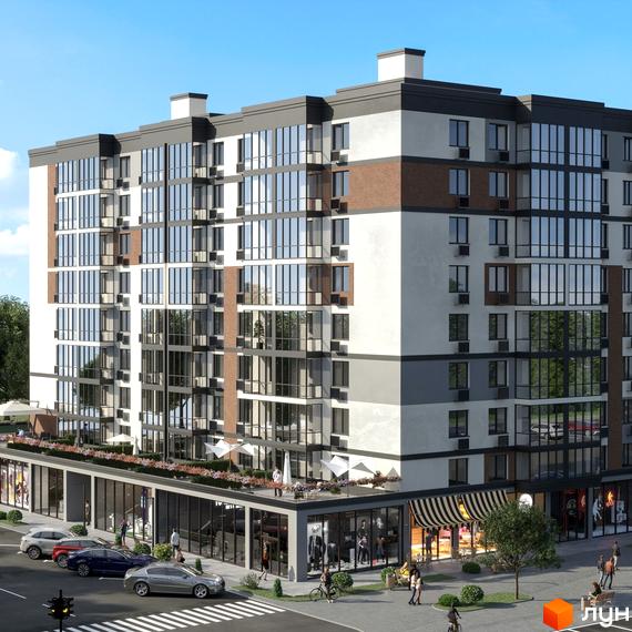 Житловий комплекс Idilika Avenue: багатоповерховий будинок з білими, сірими та цегляними фасадами, великими вікнами. На першому поверсі комерційні приміщення та тераса з озелененням.