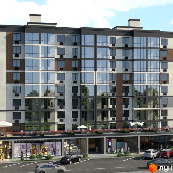 Житловий комплекс Idilika Avenue має багатоповерховий фасад зі світлими стінами, цегляними вставками та великими вікнами. Перед будинком розташовані комерційні приміщення та паркінг.