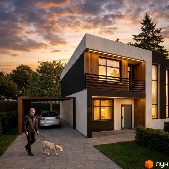 Котеджне містечко Viola Village: двоповерховий будинок з чорно-білим фасадом та дерев'яними вставками. Перед будинком бруківка, зелений газон та навіс для авто.