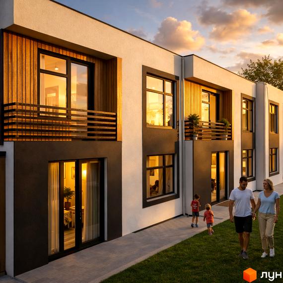 Котеджне містечко КМ Viola Village: двоповерхові будинки з дерев'яними елементами та балконами, сімейство гуляє біля будинку на зеленій галявині.