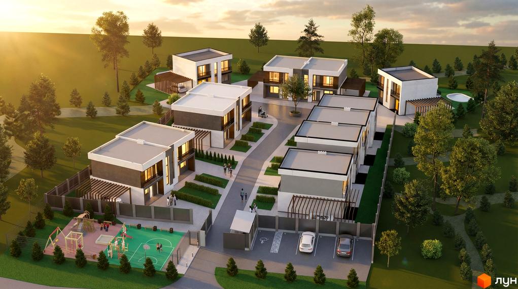 Котеджне містечко Viola Village: сучасні будинки з панорамними вікнами та доглянутою прибудинковою територією з дитячим майданчиком та зоною для спорту.