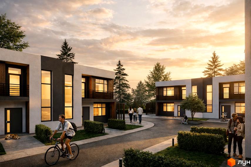 Котеджне містечко КМ Viola Village: двоповерхові будинки з великими вікнами та балконами, доглянута прибудинкова територія з деревами та кущами. Люди гуляють та катаються на велосипеді.