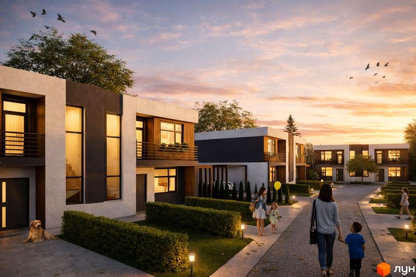 Котеджне містечко КМ Viola Village: двоповерхові будинки з балконами та великими вікнами, доглянута прибудинкова територія з кущами та доріжками.