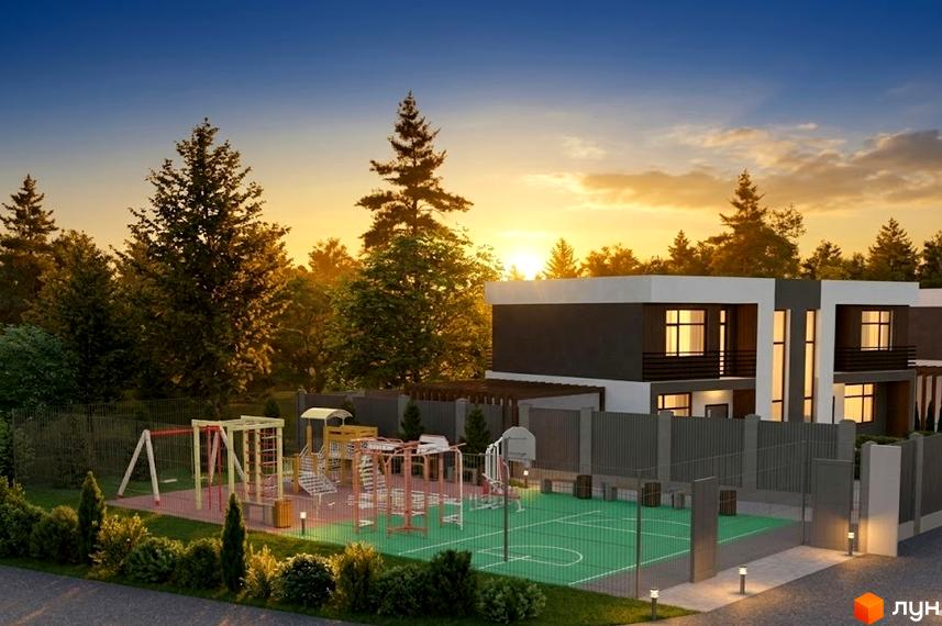 Двоповерхові будинки Котеджного містечка Viola Village з темними та світлими фасадами і великими вікнами. Поруч розташовані дитячий та спортивний майданчики.