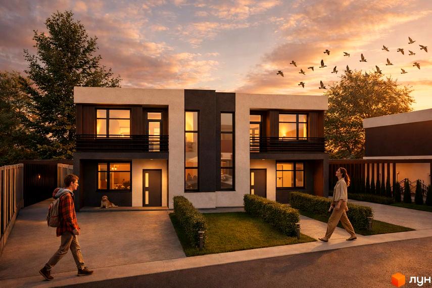 Котеджне містечко КМ Viola Village: двоповерхові будинки з великими вікнами та балконами, доглянутий газон та доріжки. Навколо зелені дерева та захід сонця.