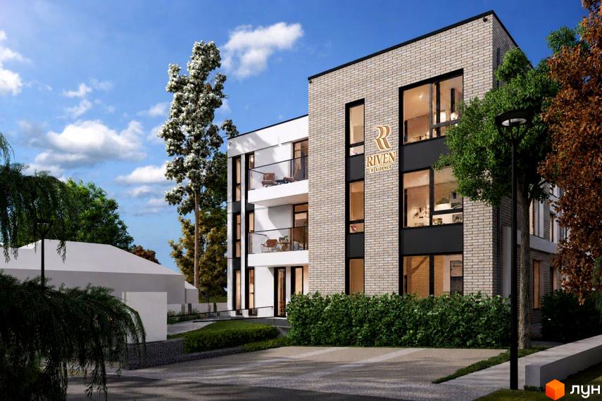 Зображення житлового комплексу RIVEN’ residence з фасадом з світлої цегли, великими вікнами та балконами. На прибудинковій території зелені насадження та дорога.