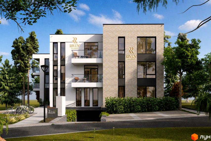 Новобудова RIVEN' residence з білою та цегляною фасадною обробкою, балконами та великими вікнами, оточена деревами та зеленню.