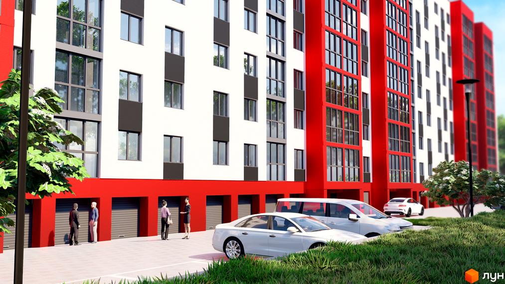 Житловий комплекс Smart Fort з фасадом біло-червоного кольору та паркуванням біля будинку. Навколо новобудови зелені насадження та автомобілі.