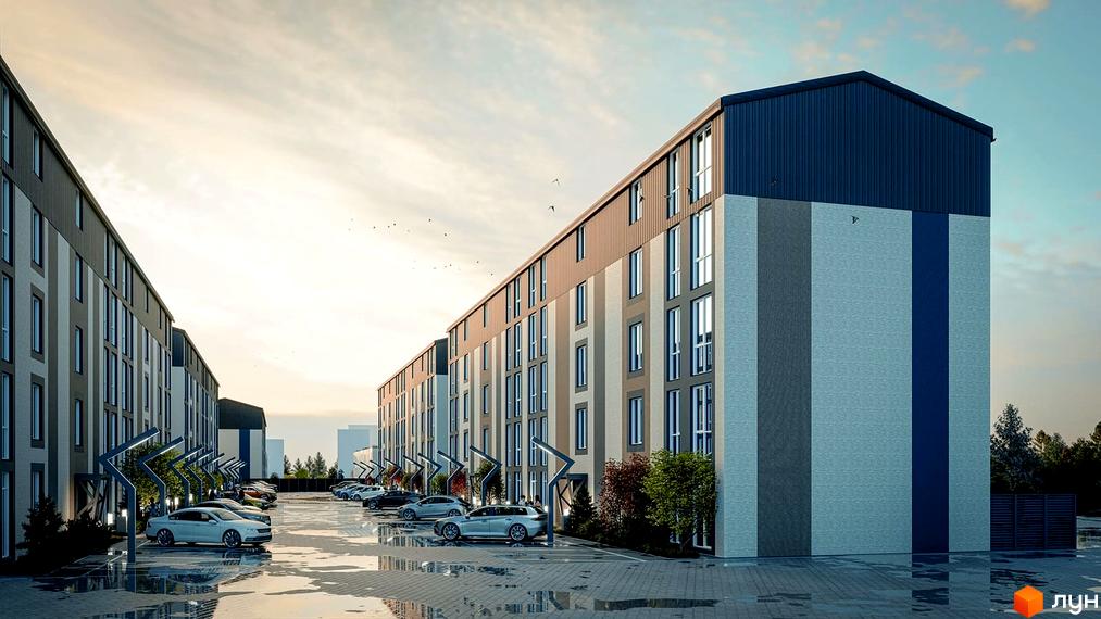 Житловий комплекс Sanville Park: Довгі багатоповерхові будинки з фасадами у відтінках сірого, коричневого та синього. Перед будинками розташований паркінг з автомобілями та декоративними ліхтарями.