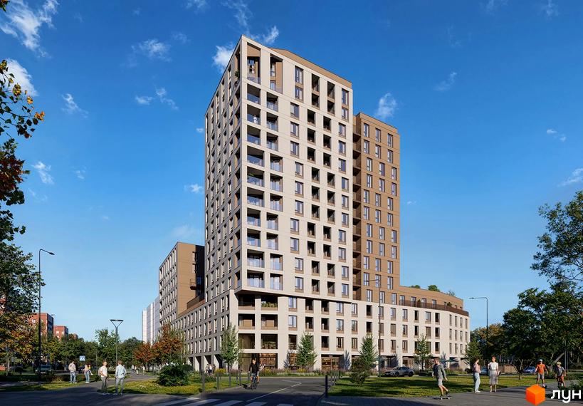 Житловий комплекс Etalon Sun Up - багатоповерхова новобудова з балконами та панорамними вікнами, розташована біля зеленої зони з пішохідними доріжками.