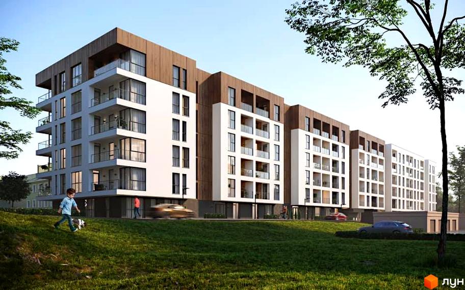 Житловий комплекс Globus Central Park - це багатоповерхова новобудова з білими фасадами та дерев'яними елементами. Навколо комплексу зелений газон та дерева.