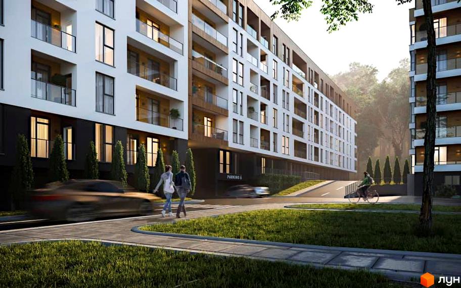 Житловий комплекс Globus Central Park: фасади будівель з балконами та вікнами, прибудинкова територія з дорогою та зеленню.