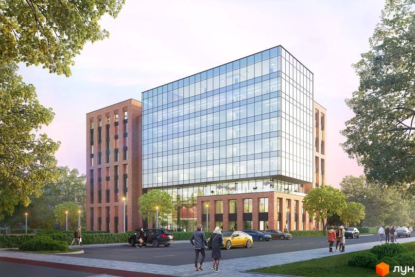 Апарт-комплекс Kristal Plaza: сучасна будівля з панорамним склінням та цегляним фасадом, оточена зеленими насадженнями та парковкою.