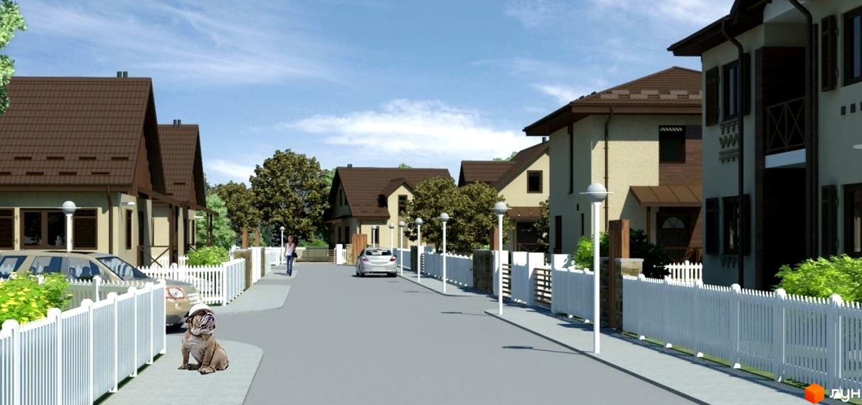 Котеджне містечко КМ Круглий Озерний: фасади будинків з коричневими дахами та білі паркани. Прибудинкова територія з дорогою та деревами.