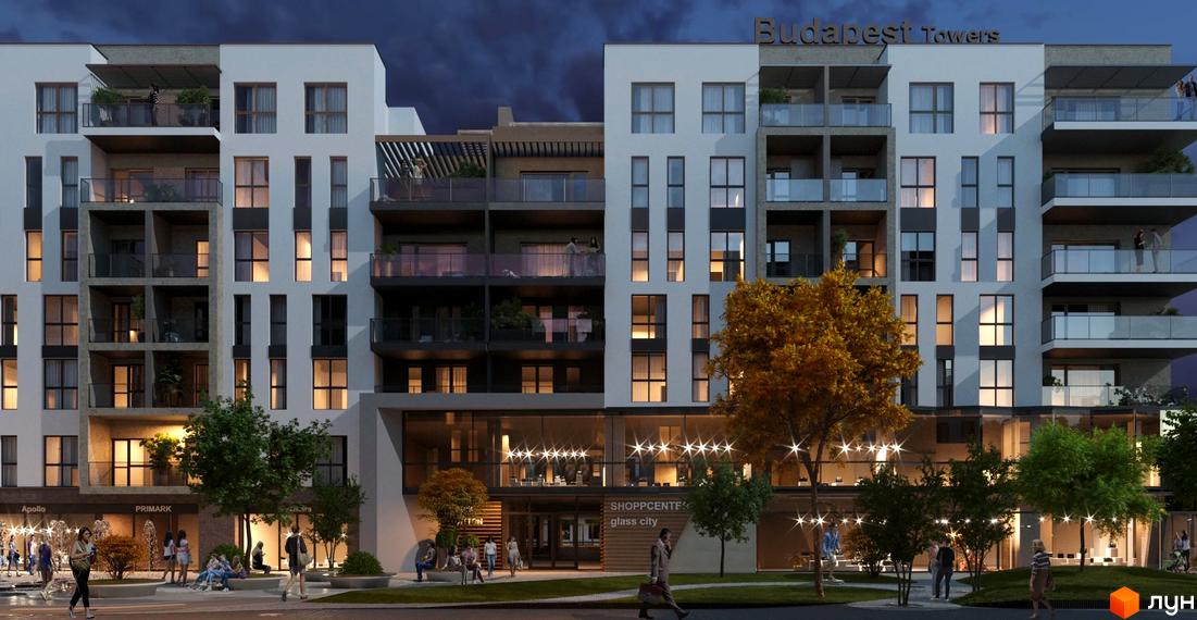 Будинок ЖК SKY CITY з балконами та великими вікнами, перед яким розташовані дерева та фонтани. Зовнішній вигляд будівлі та прибудинкова територія.