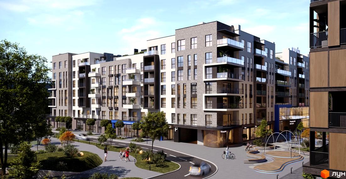 Новобудова ЖК SKY CITY з балконами та панорамними вікнами, поруч розташований зелений двір з дитячим майданчиком та пішохідними доріжками.