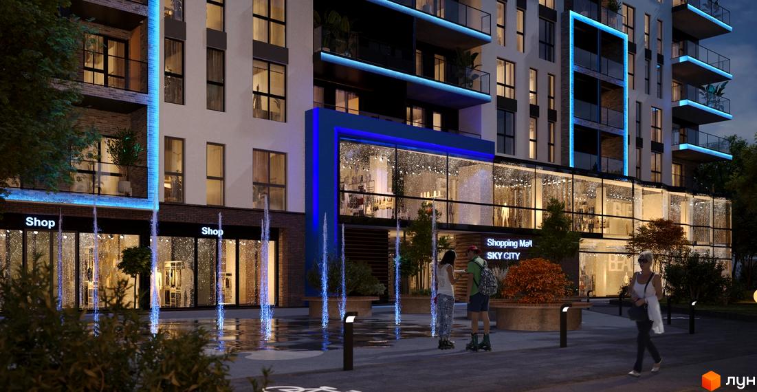 Новобудова SKY CITY з підсвіткою та фонтанами. Зовнішній вигляд будівлі та прибудинкова територія з магазинами.