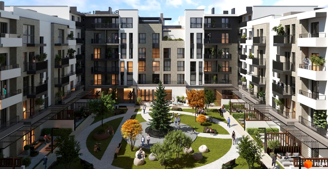 Житловий комплекс SKY CITY з сучасними фасадами та внутрішнім двориком з зеленими зонами та місцями для відпочинку.