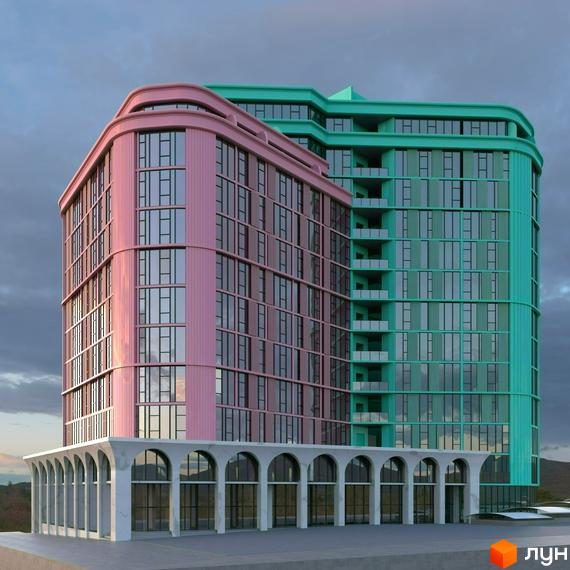 ARCHOTEL AVENUE - новобудова з рожевим та бірюзовим фасадом, що має аркадний перший поверх. Зовнішній вигляд будівлі вражає своєю незвичністю.