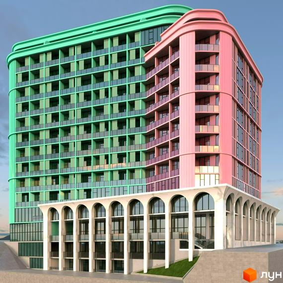 ARCHOTEL AVENUE - новобудова з яскравими фасадами зеленого та рожевого кольорів, з аркадами на першому поверсі. Навколо будинку - доглянута територія.