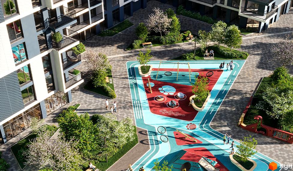 Зовнішній вигляд новобудови ЖК Comfort Park 2 з дитячим майданчиком та зонами відпочинку. Сучасний житловий комплекс з озелененою територією.