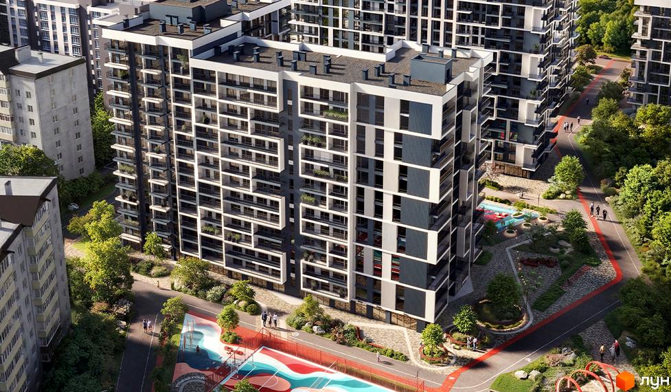 Житловий комплекс Comfort Park 2 з багатоповерховими будинками та облаштованою прибудинковою територією з дитячими та спортивними майданчиками.