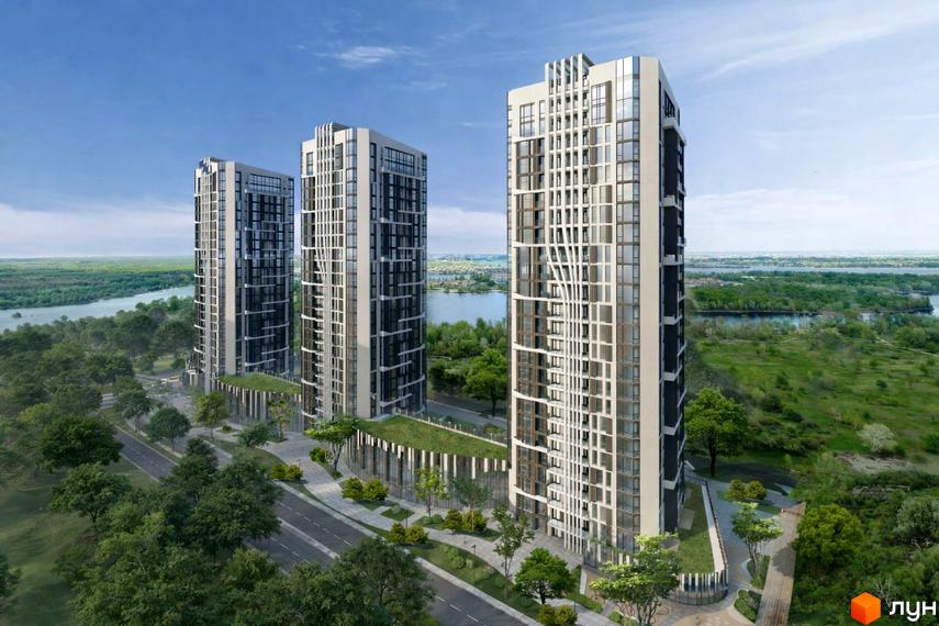 Три висотні будинки з панорамними вікнами та зеленою зоною відпочинку. Новобудова на вулиці Північна, 1, з видом на річку та ліс.