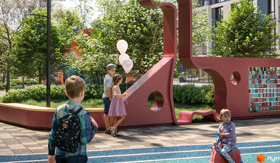 Житловий комплекс Comfort Park 2: діти граються на дитячому майданчику біля будинку. Сучасний дизайн дитячої зони та зелена територія.