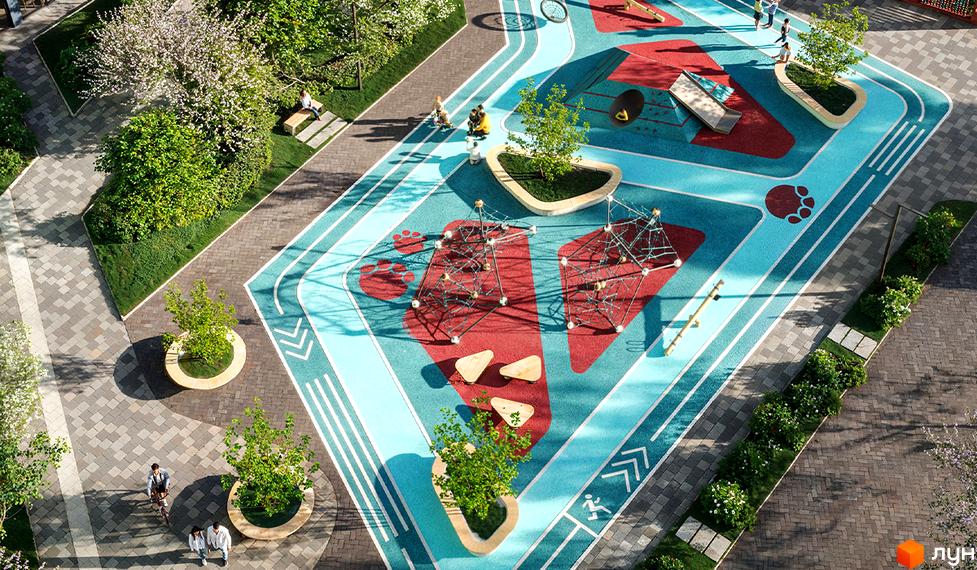 Сучасний дитячий майданчик та зона відпочинку в ЖК Comfort Park 2. Зелені насадження та доріжки для прогулянок.