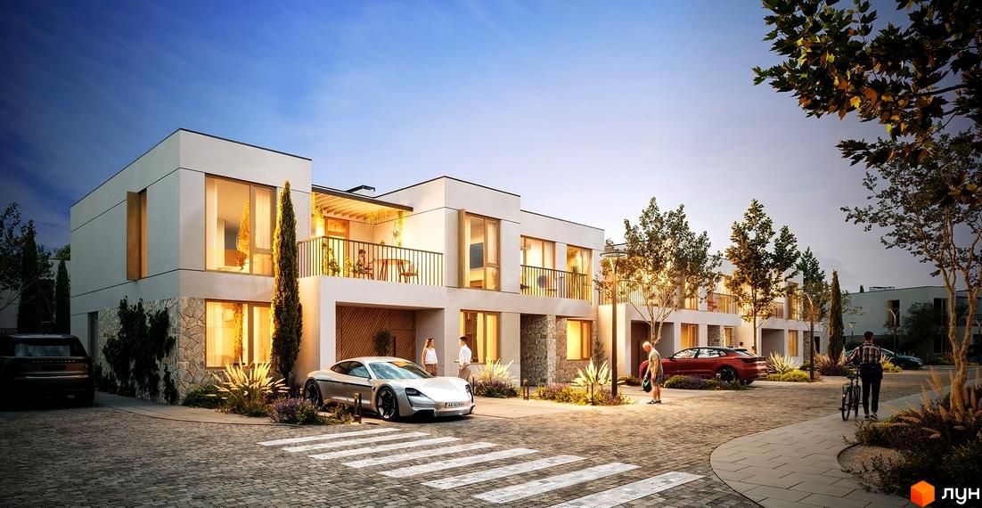 Котеджне містечко КМ ONE CLUB VILLAGE. Триповерхові будинки з великими вікнами, балконами та кам'яним оздобленням фасаду. Прибудинкова територія з доглянутими рослинами, доріжками та автомобілями.