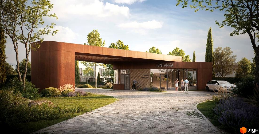 Котеджне містечко КМ ONE CLUB VILLAGE: в'їзд з навісом з іржавого металу, скляними стінами та доглянутою прибудинковою територією з рослинами.